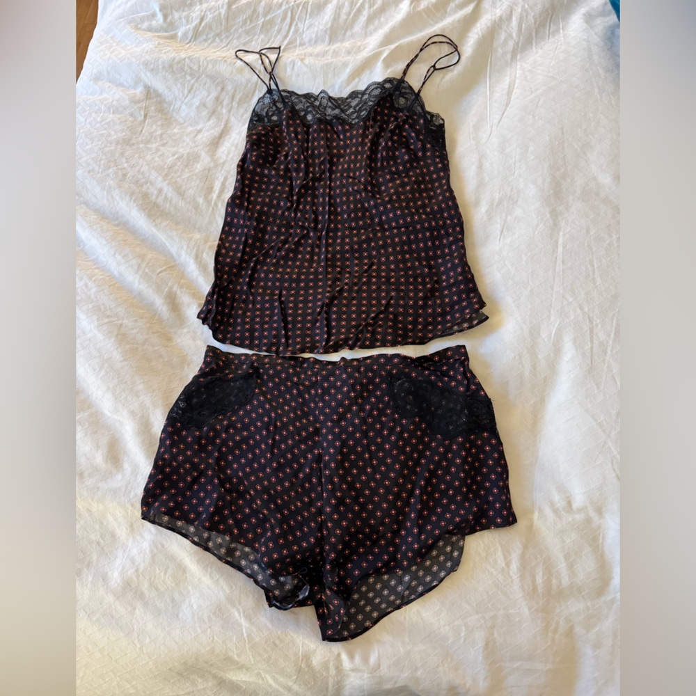 Reiss Black and Red Pajama Set with Lace & Polka Dots